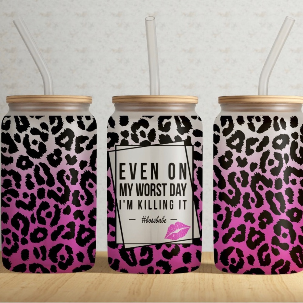 Cute Pink Leopard Glass Cup